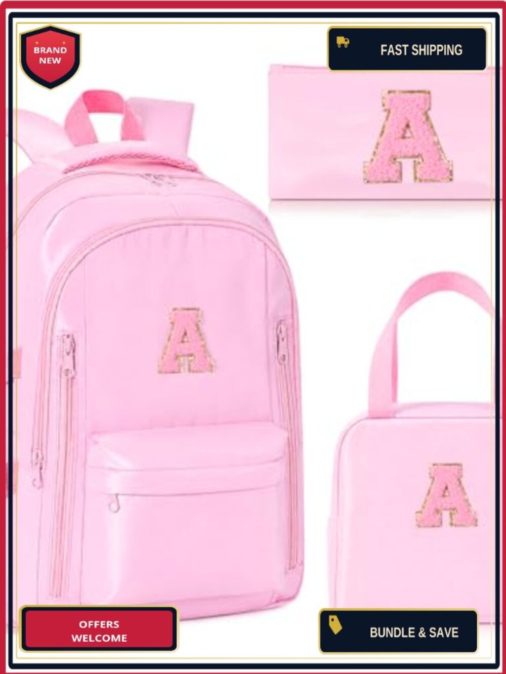 3-Piece Personalized Initial Backpack Set with Lunch Bag and Pencil Case,